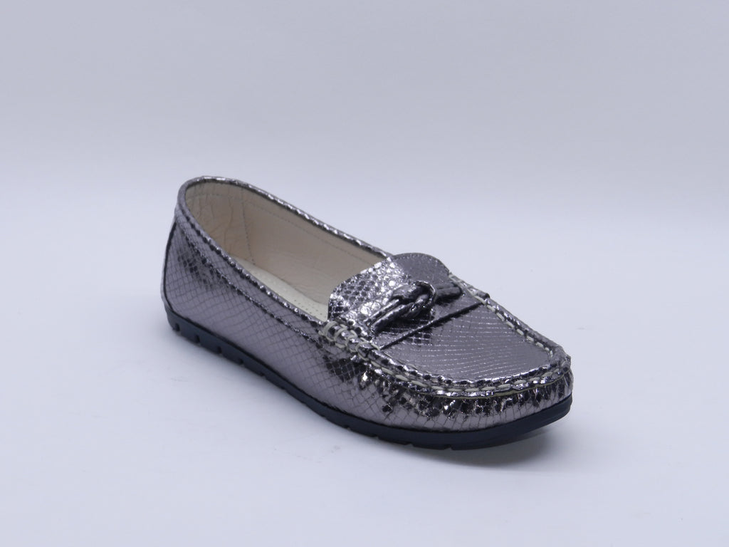 Women's Snake-Embossed Slip-On Flat — Lizard Gunmetal