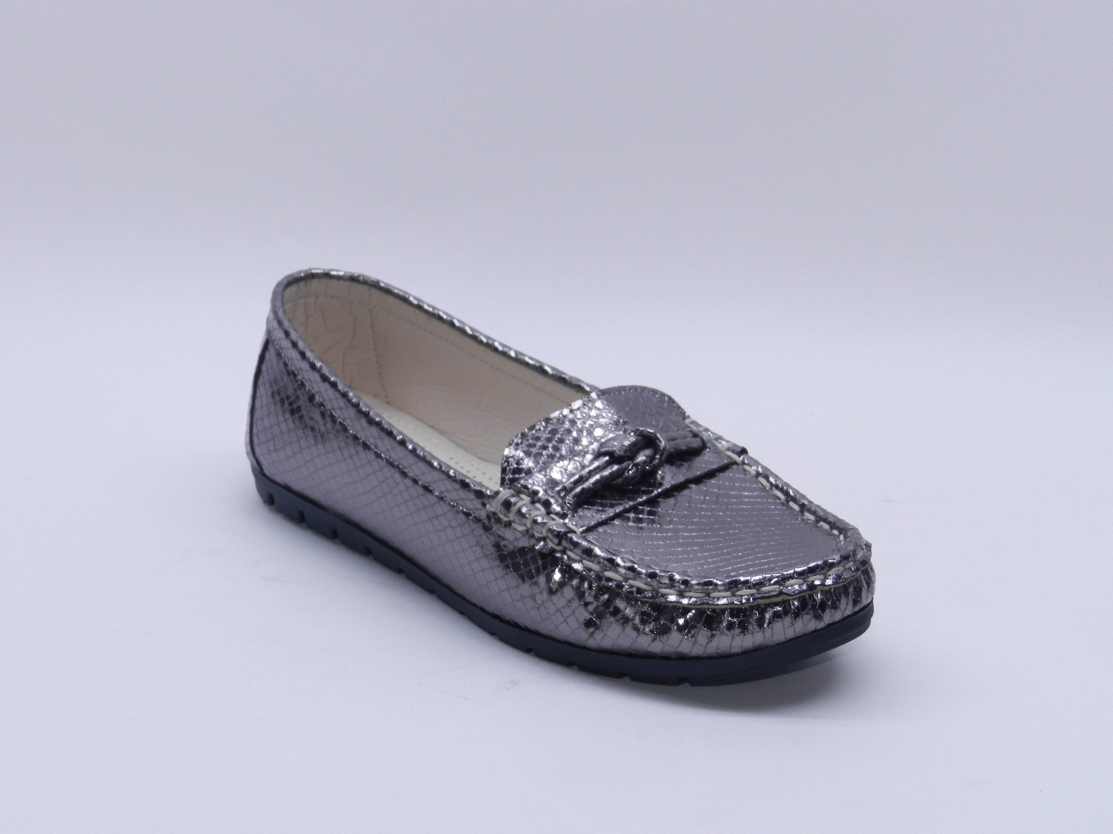 Women's Snake-Embossed Slip-On Flat — Lizard Gunmetal