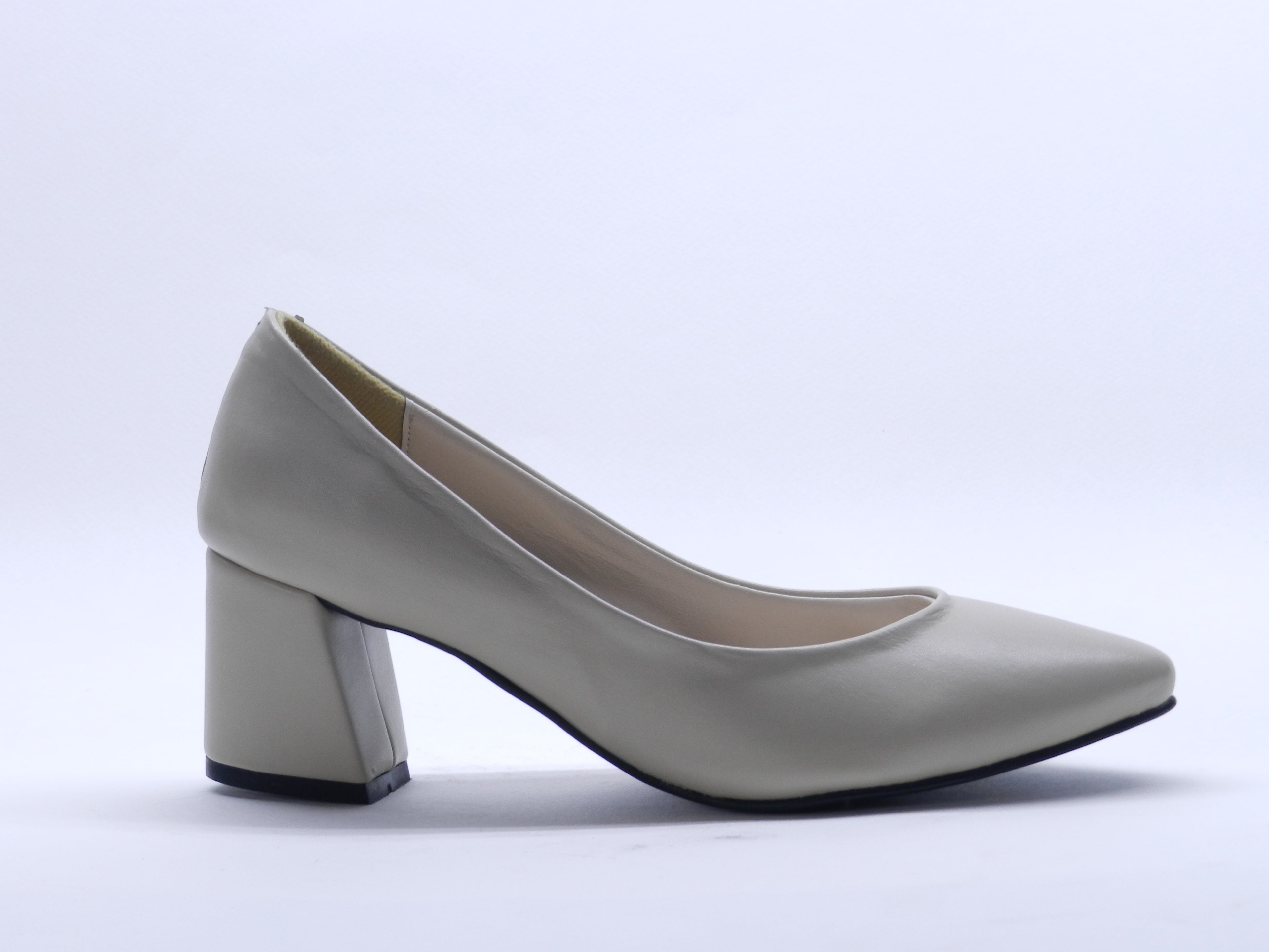 Women's Faux Leather Pointed Toe Block Heel Pump — Beige