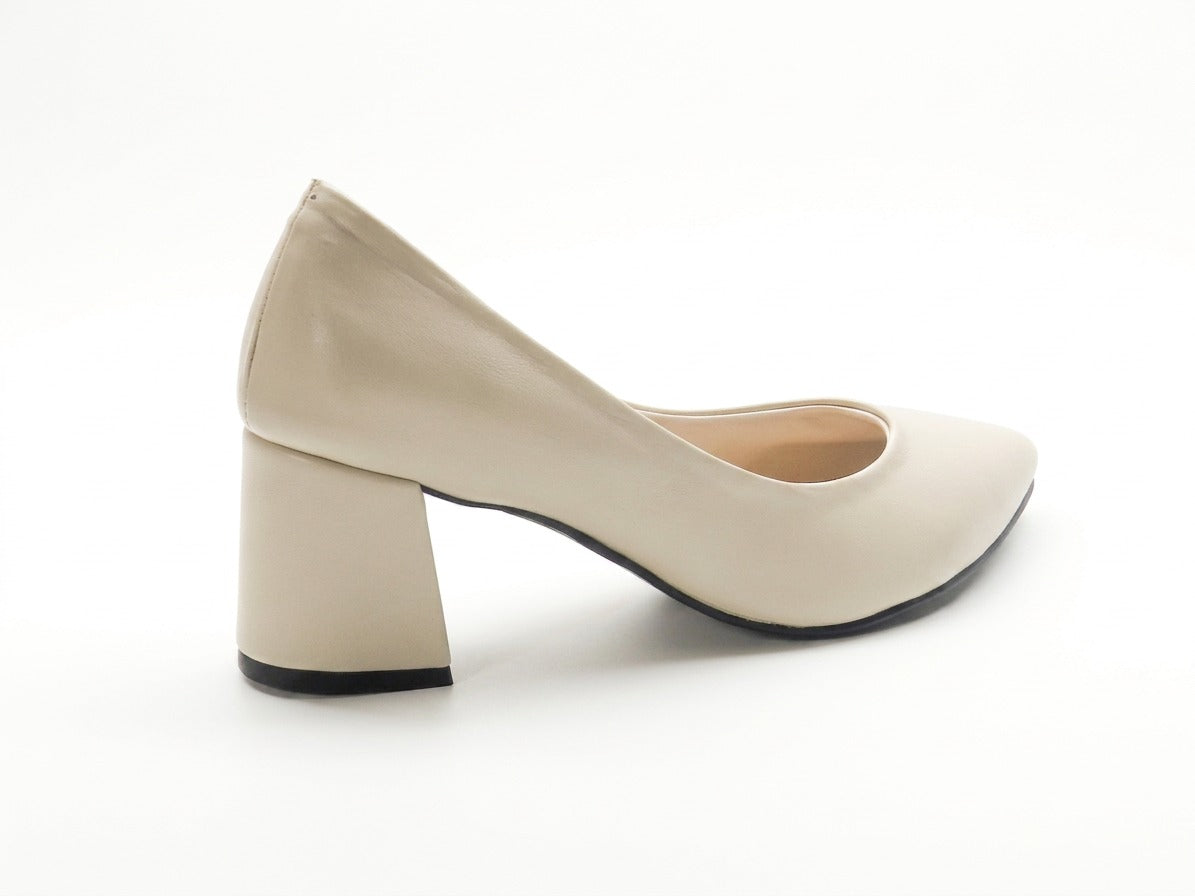 Women's Faux Leather Pointed Toe Block Heel Pump — Beige​