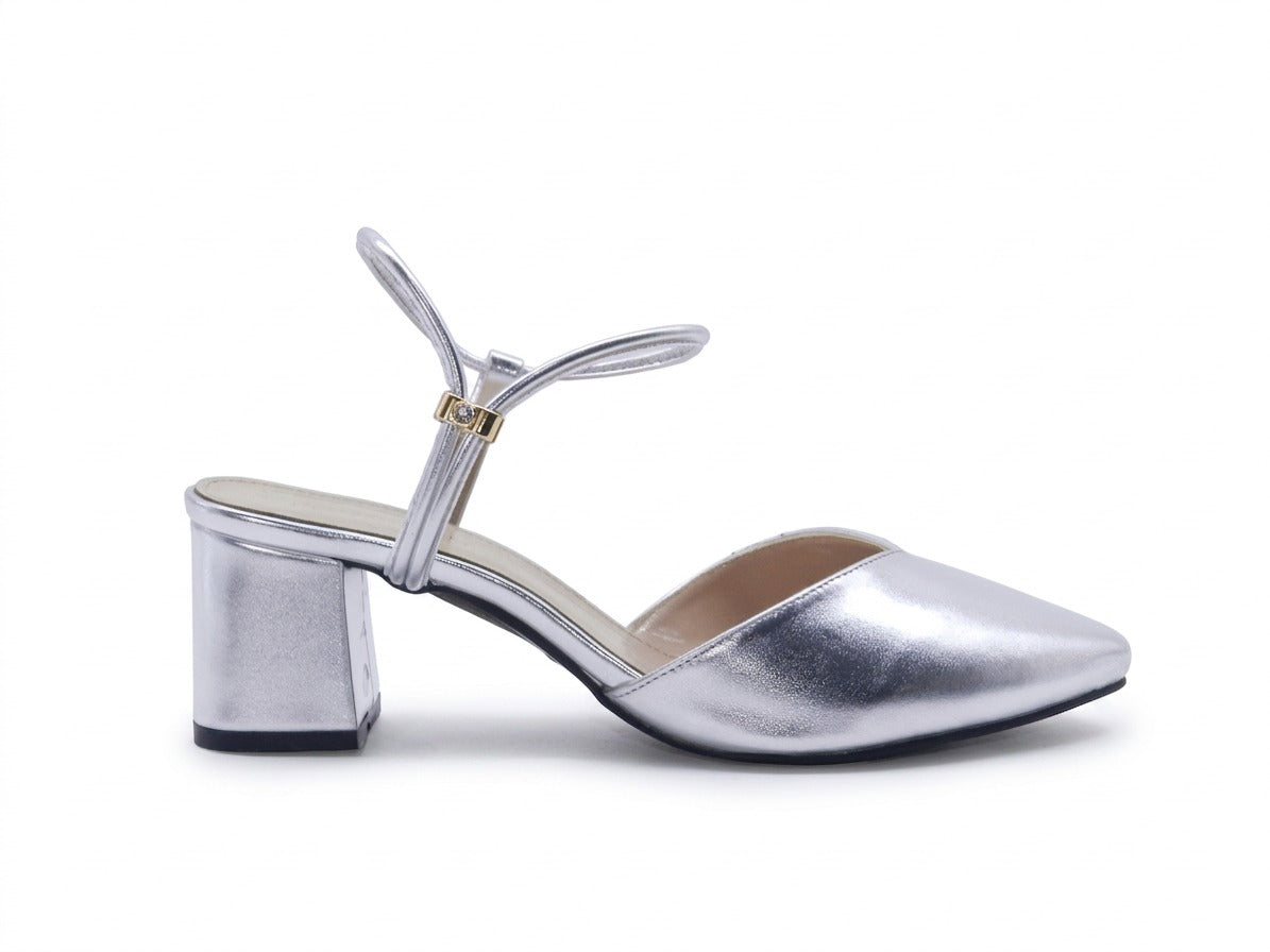 Women's Metallic Pointed Toe Block Heel Sabot — Silver​
