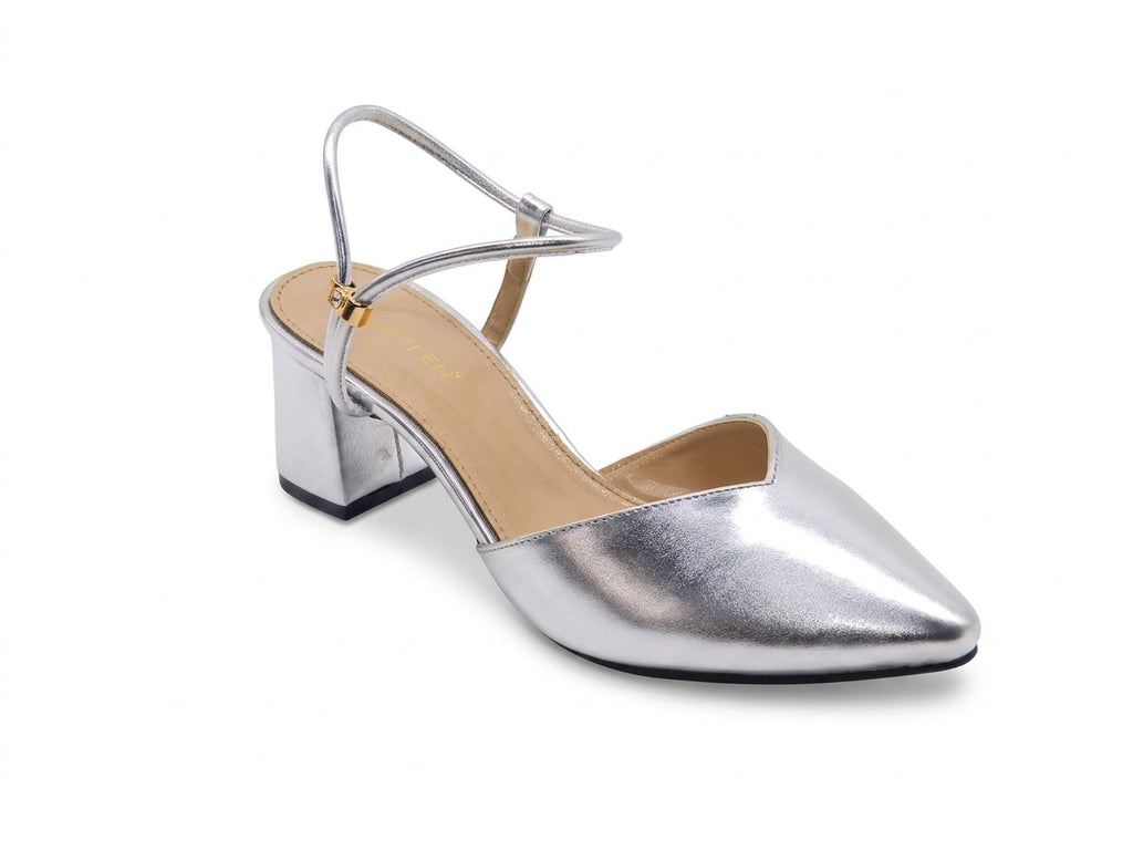 Women's Metallic Pointed Toe Block Heel Sabot — Silver​