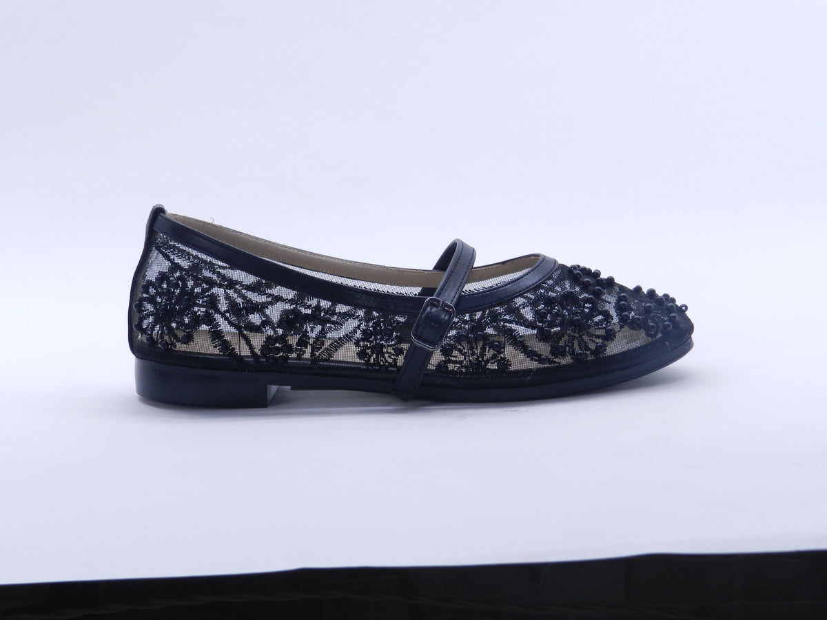 Women's Beaded Mesh Slip-On Ballerina — Black